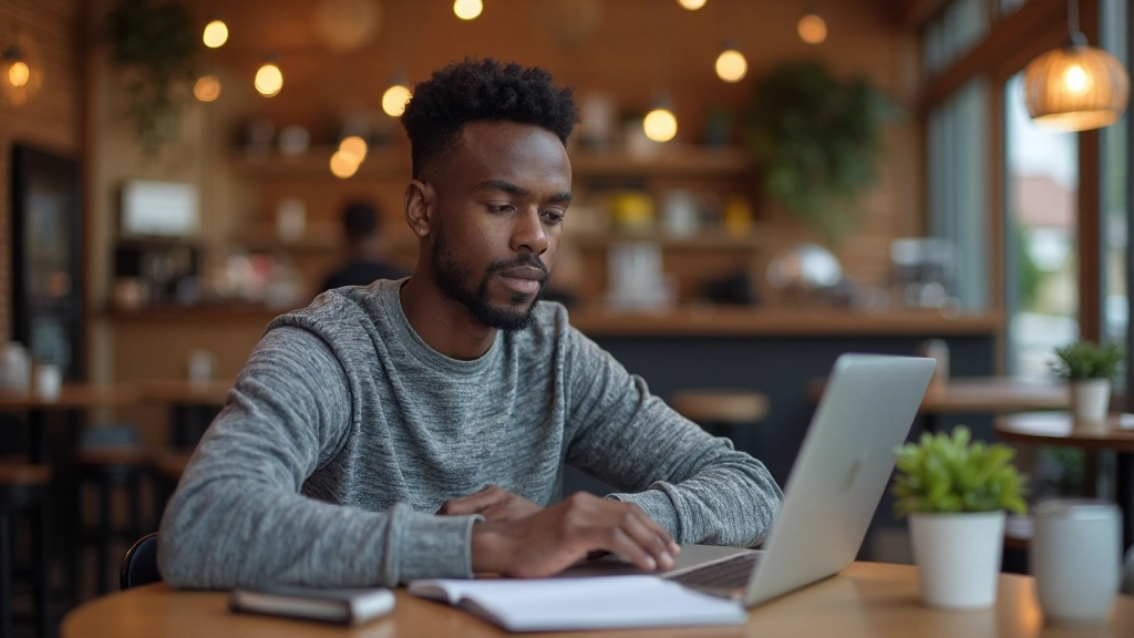 Entrepreneur working on laptop at coffee shop while planning business strategy with notebook