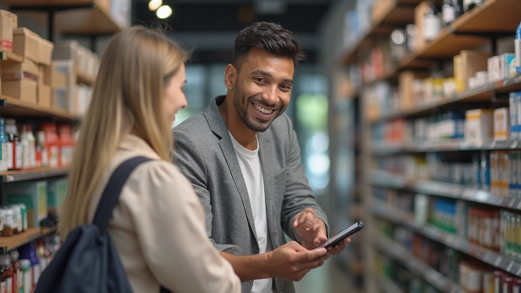 Small business owner managing retail shop with inventory and customer interaction