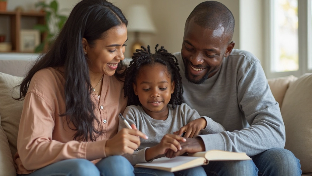 Family discussing financial goals together in living room with notebook and calculator