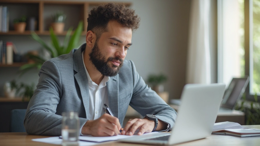 Entrepreneur starting side business with laptop and business planning materials