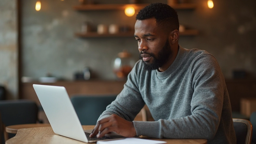 Entrepreneur working on laptop at coffee shop while planning business strategy with notebook