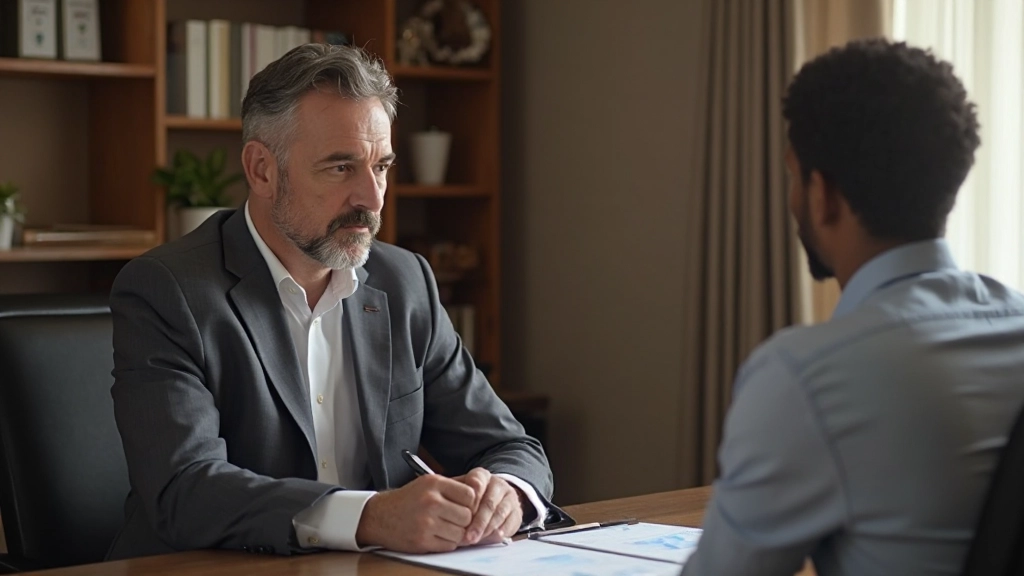 Financial advisor and client reviewing retirement planning documents and growth projections at office