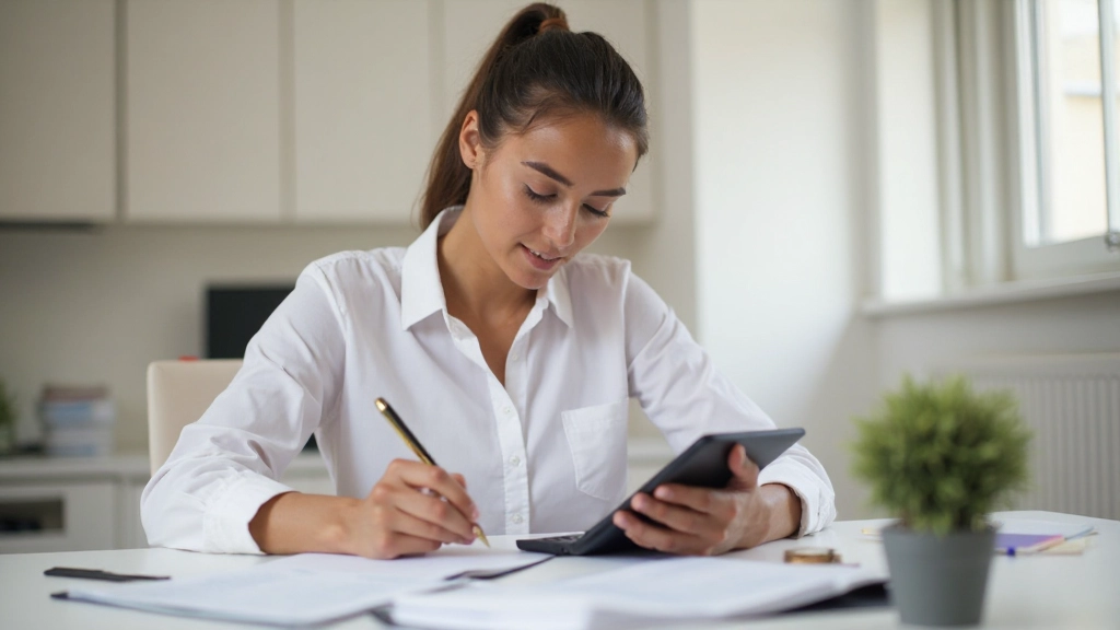 Woman organizing finances with notebook, calculator and coins arranged on desk representing budgeting