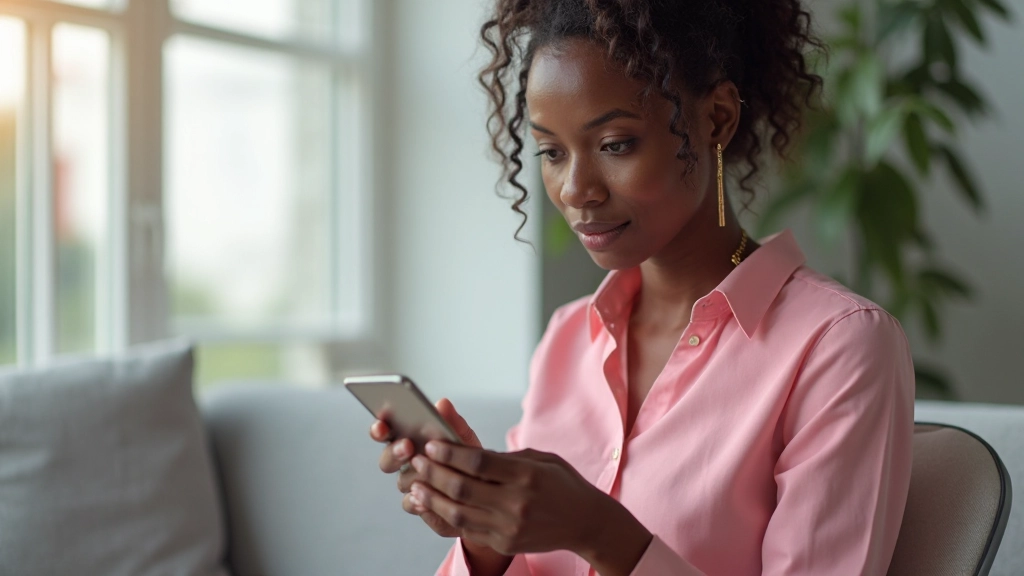 Woman using smartphone to check investment app showing portfolio performance and market data