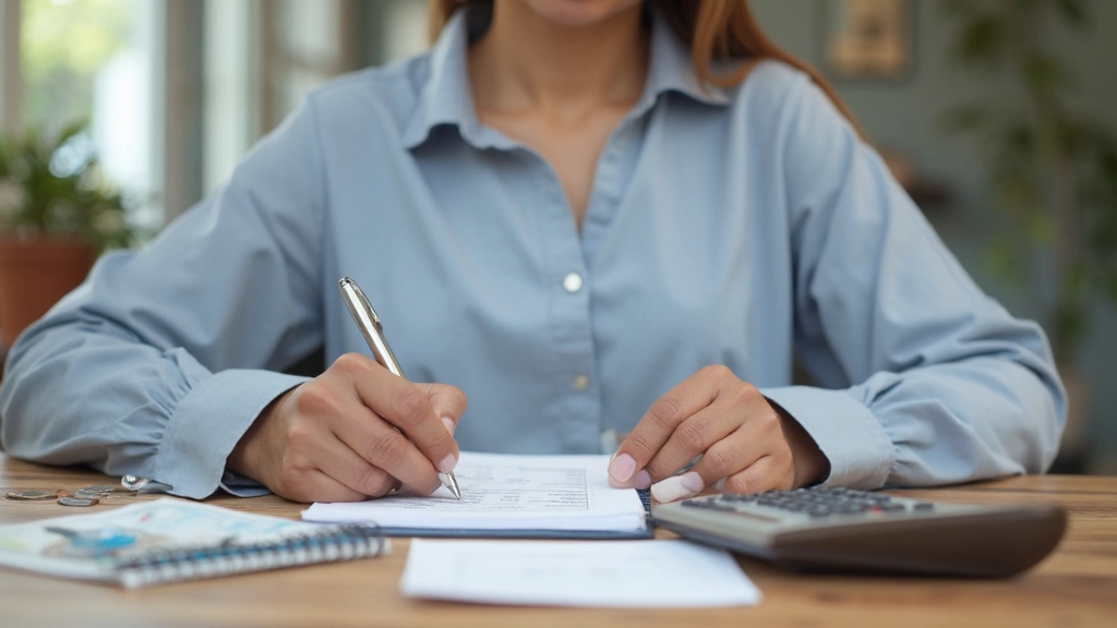 Woman organizing finances with notebook, calculator and coins arranged on desk representing budgeting