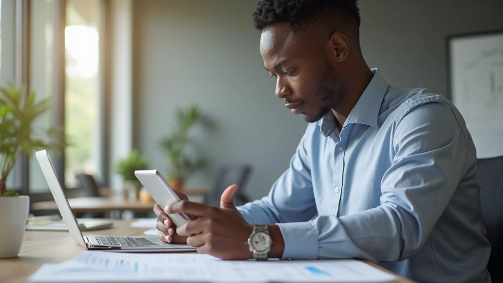 Young professional reviewing investment goals and financial planning documents on tablet
