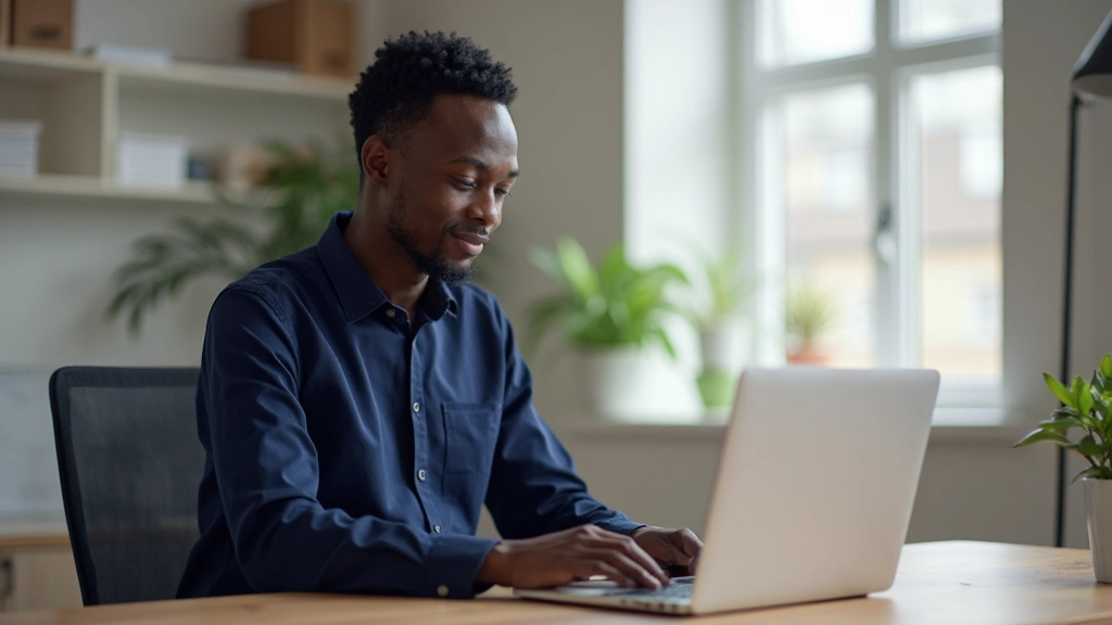 Entrepreneur working on laptop at modern desk while planning side business startup